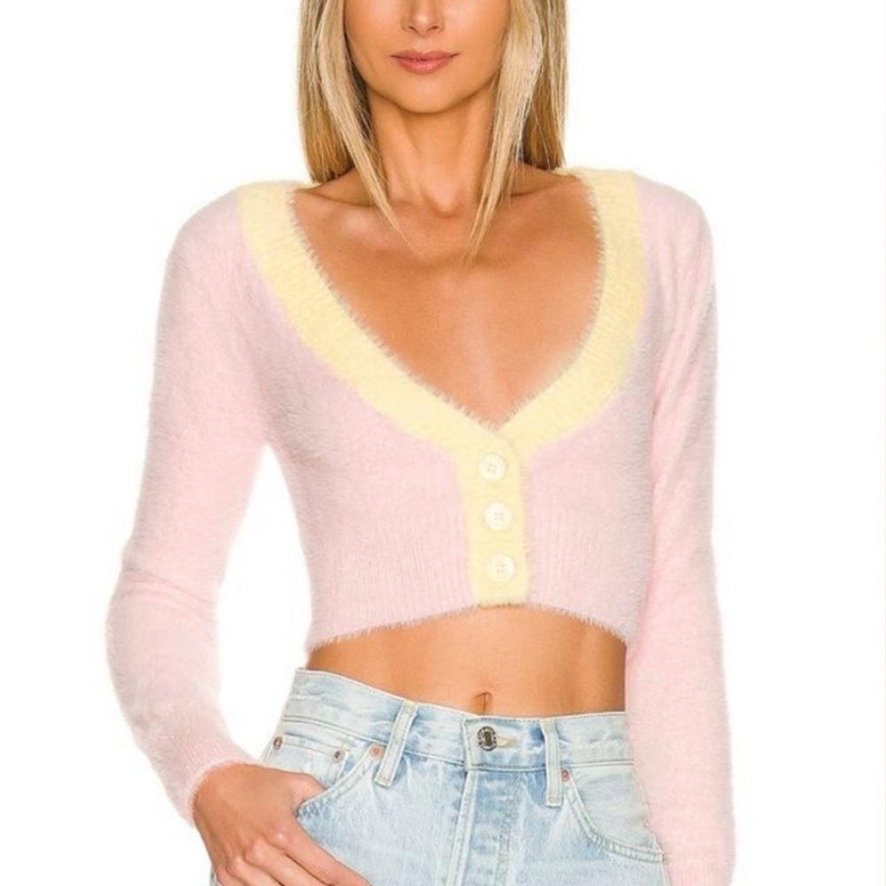 For Love & Lemons Pink and Yellow Fuzzy Cropped Sheila Cardigan